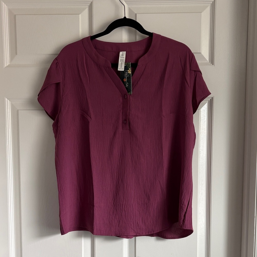 Short Sleeve Plum Henley Blouse with Button Front